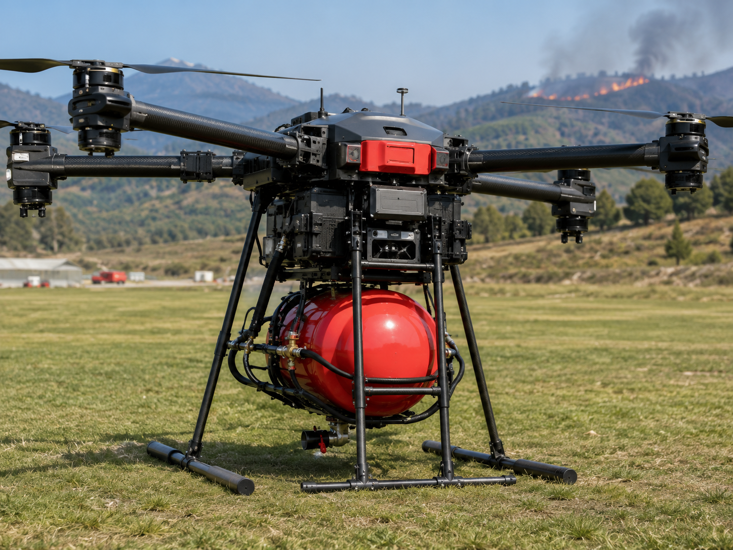 A Karajan First Responder drone carrying a suppression payload, with an active wildfire visible on the ridge behind it.