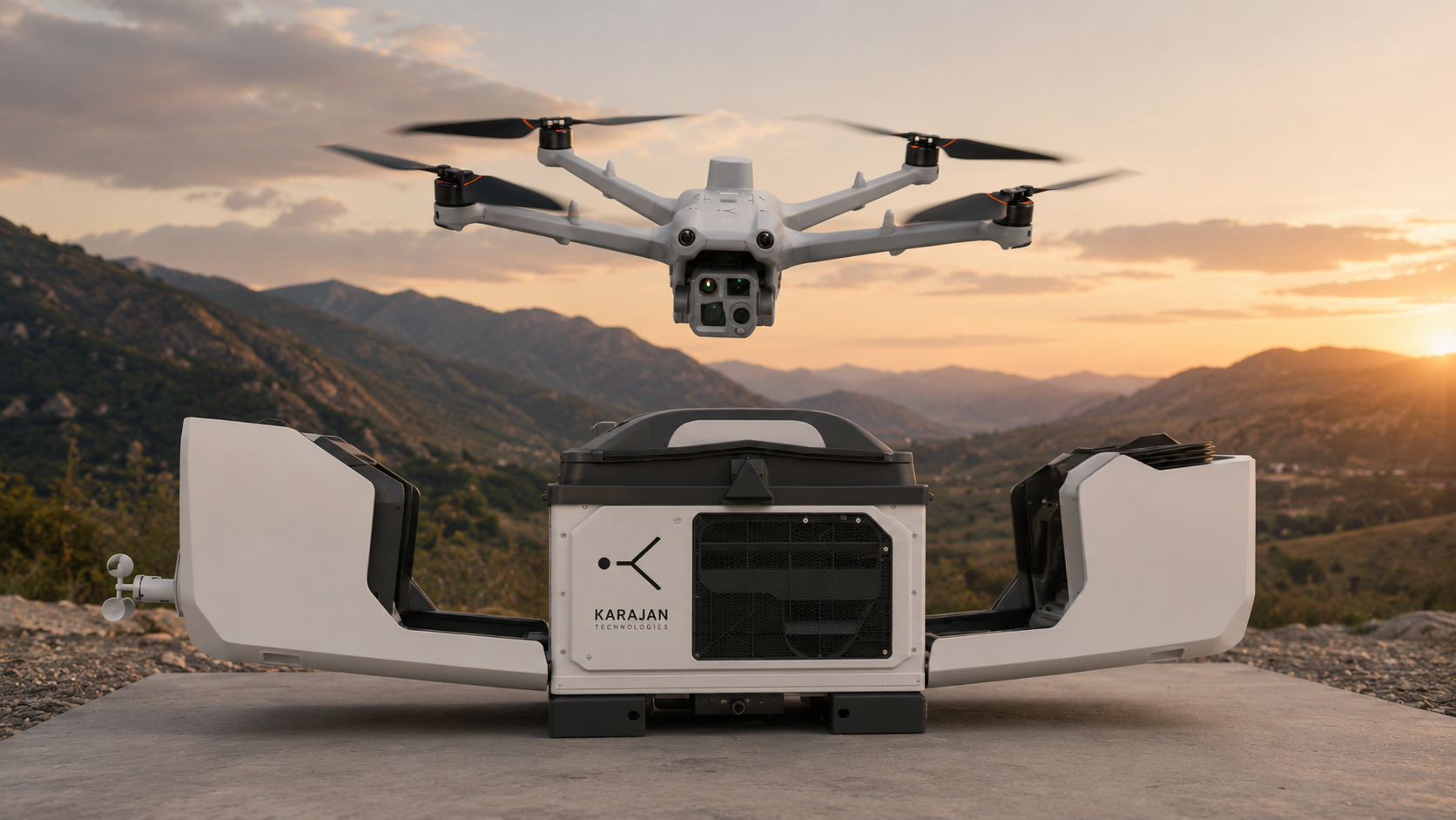 A Karajan Sensing UAV in flight above its automated dock station, mountains at sunset in the background.