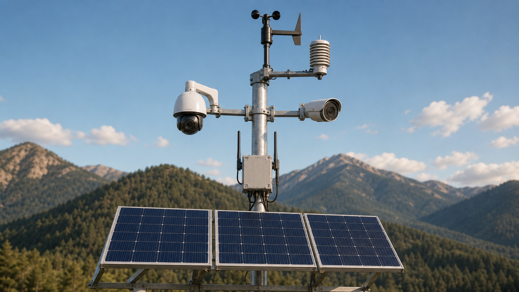 A Karajan Sentinel sensor head — PTZ visible and thermal cameras and a weather station on a mast, mountains in the background.